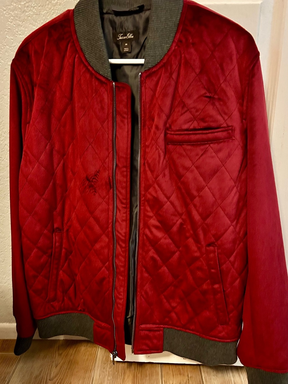 Tasso Elba Quilted Red Bomber Jacket with Gray Trim
